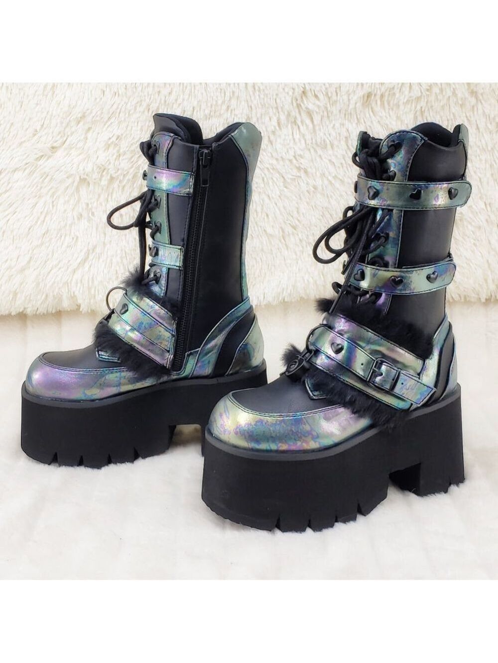 Ash Goth Punk Furry Mid Calf Platform Boots - Picture 8 of 15